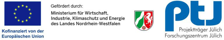 Logo EU - gefördert durch Ministerium für Wirtschaft, Industrie, Klimaschutz und Energie des Landes Nordrhein-Westfalen - Projektträger Forschungszentrum Jülich